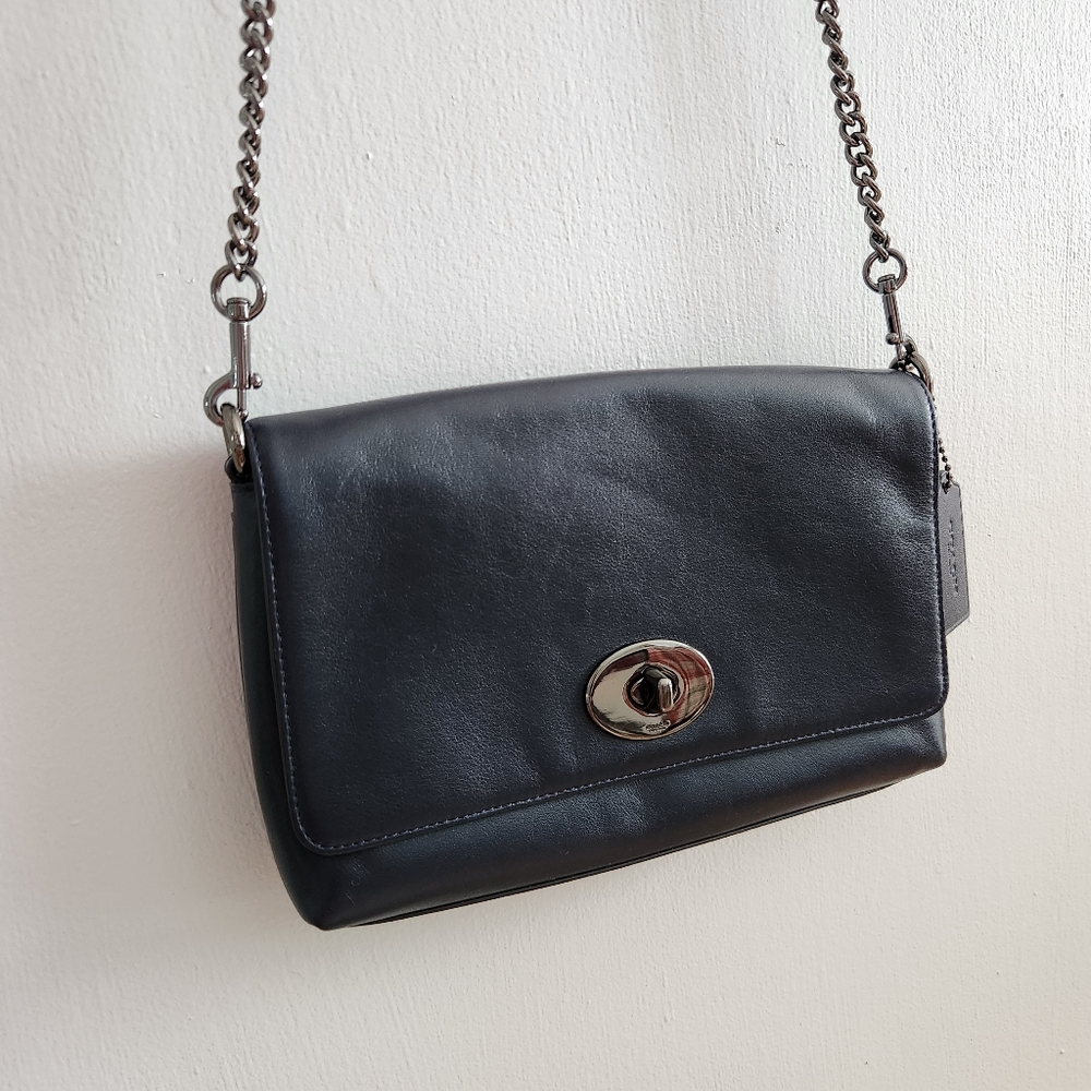 Coach Navy Blue Smooth Leather Crosstown Clutch Chain Crossbody Purse - Picture 8 of 8